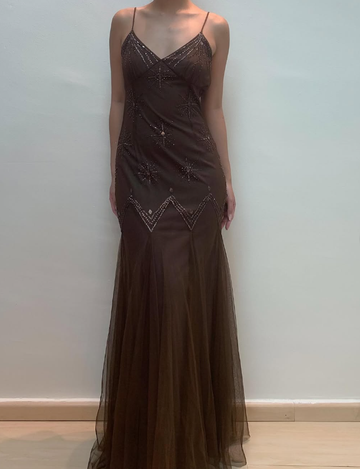Vintage Mermaid Spaghetti Strap Sequins Brown Chiffon Prom Dress Evening Dress HZ1023